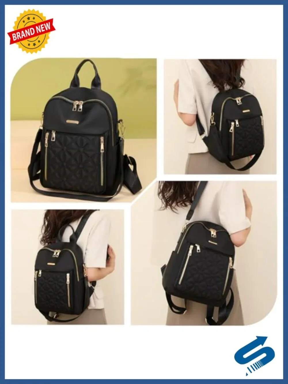Quilted Backpack Women Convertible Purse Oxford Fabric Daypack Rucksack Tote